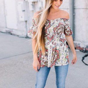 EN CREME Multi-Color Smocked Off The Shoulder Top